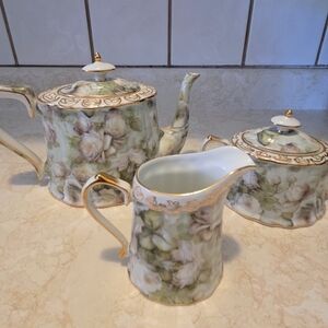 Skye McGhie Antique Rose Tea Set Teapot Creamer Sugar Bowl w/ Lid Gold Trim